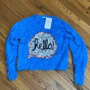 M&S Marks & Spencer Kids Hello Sequin Blue Fuzzy Sweater Jumper NWT